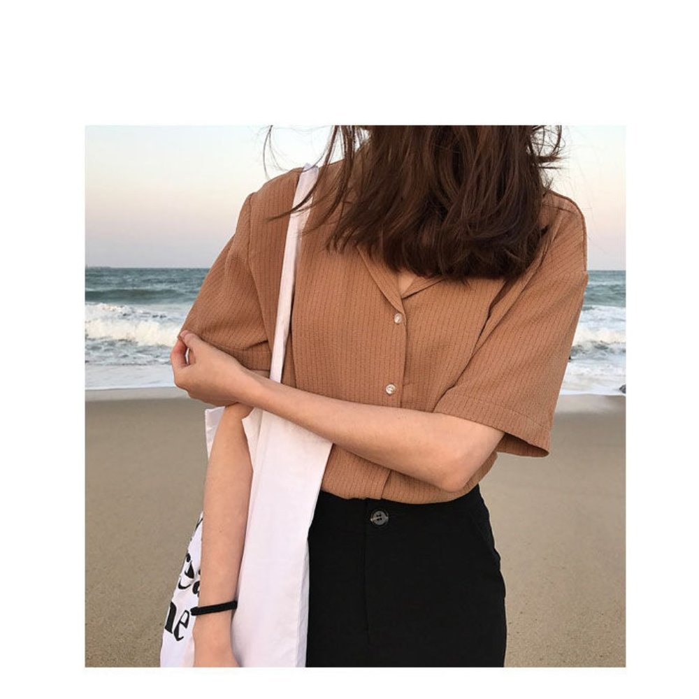 🌸5/$25🌸 YesStyle Striped Short-Sleeve Blouse (color: khaki)